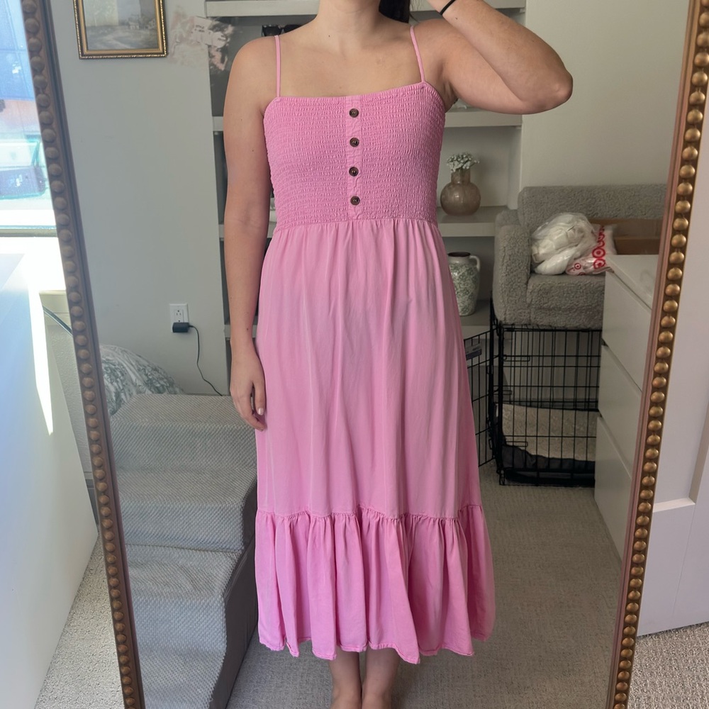 Love Tree Pink Smocked Midi Dress with Buttons